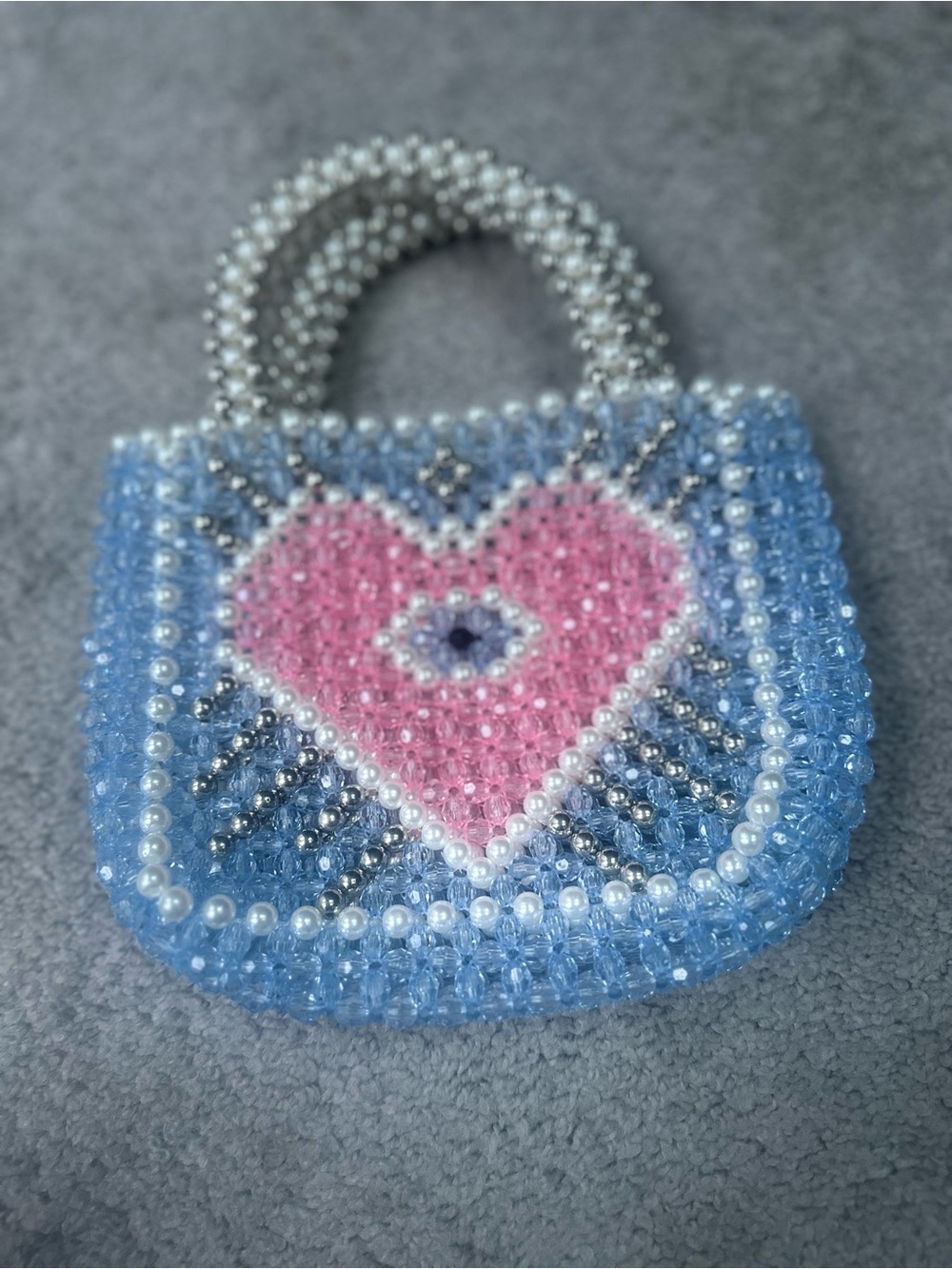 Handmade Beaded Blue & Pink Heart Tote Bag